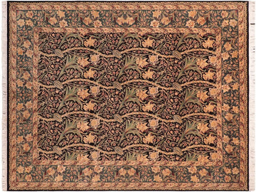 handmade Traditional Dafodils Black Green Hand Knotted RECTANGLE 100% WOOL area rug 8x10